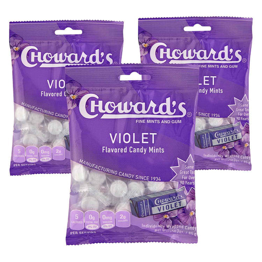 Choward's Violet Mints Candy Bag – Low-Calorie Self-Care Ritual, 3 Pack of 20-Calorie Floral Mints for Daily Wellness