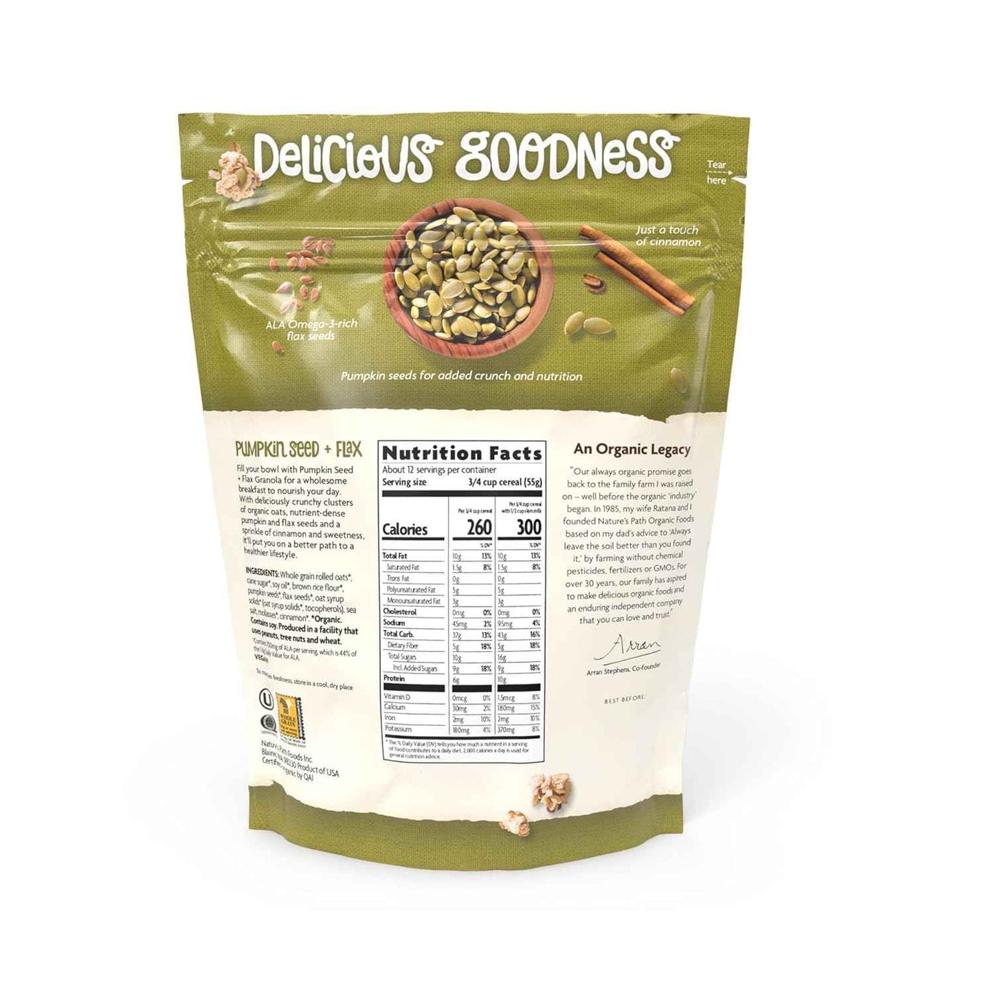 Nature's Path Organic Pumpkin Seed + Flax Granola – Lightweight Trail Snack for Hiking and Backpacking, 6g Protein