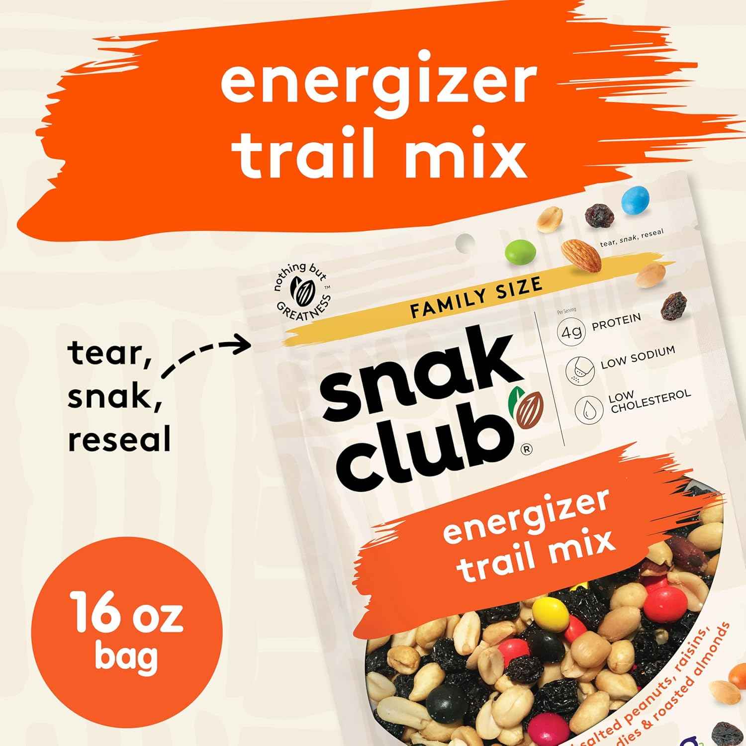 Snak Club Energizer Trail Mix – School Lunchbox Snack with Chocolate Candies, Roasted Peanuts, and Almonds, Gluten-Free 16 oz Pouch
