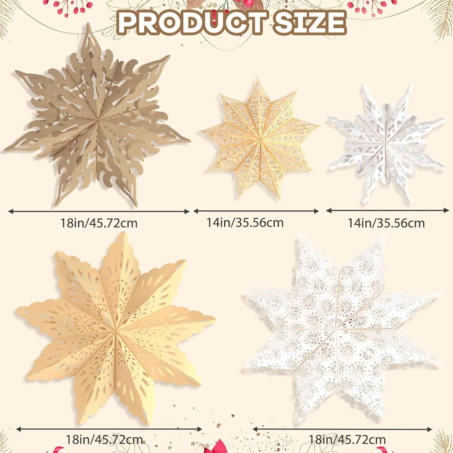 14 & 18 Inch Paper Star Lanterns with LED – Beige and White Snowflake Hangings for Christmas Tree, Fireplace and Holiday Dining Table