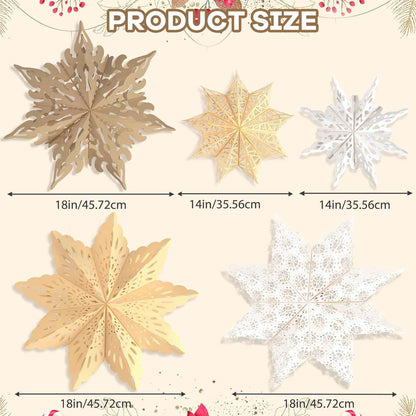14 & 18 Inch Paper Star Lanterns with LED – Beige and White Snowflake Hangings for Christmas Tree, Fireplace and Holiday Dining Table