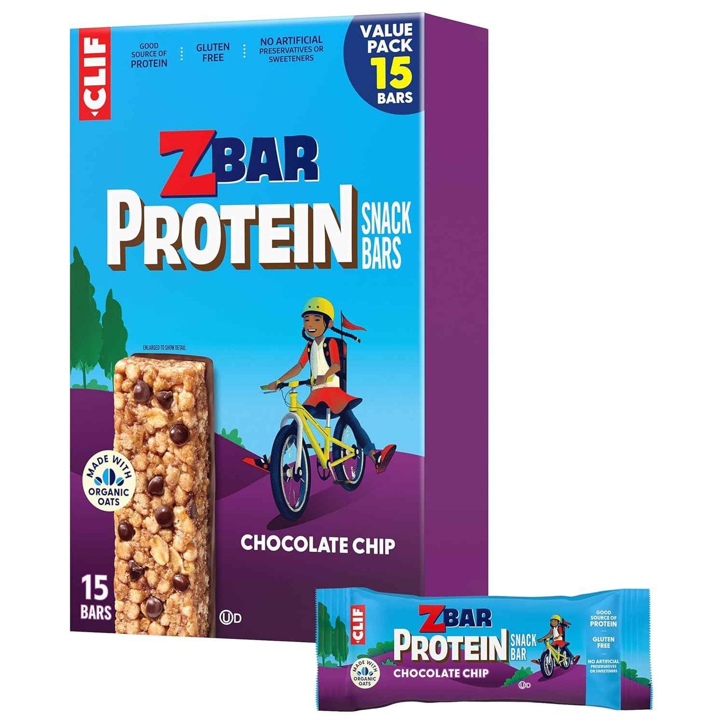 Zbar Protein Chocolate Chip Bars - Clean Label Kids Snack with Organic Oats and No Artificial Preservatives, 5g Protein (15 Pack)