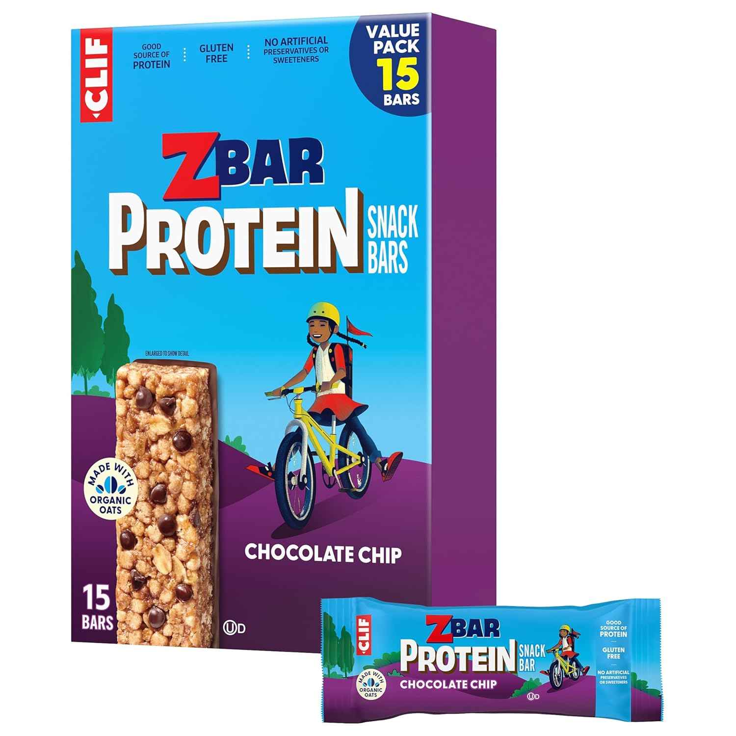 Zbar Protein Chocolate Chip Bars - Clean Label Kids Snack with Organic Oats and No Artificial Preservatives, 5g Protein (15 Pack)
