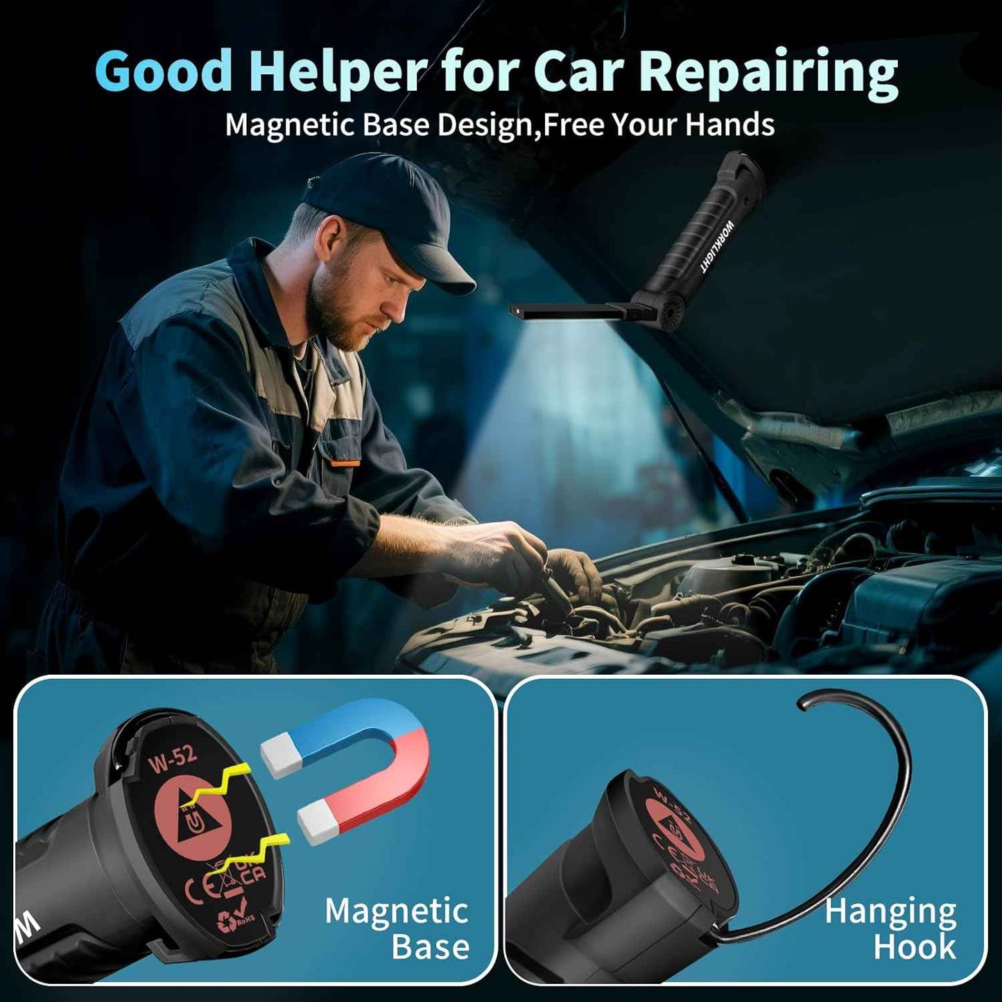 Suranew Rechargeable LED Work Light with Red Beacon – Roadside Breakdown Light and Hazard Warning Flashlight