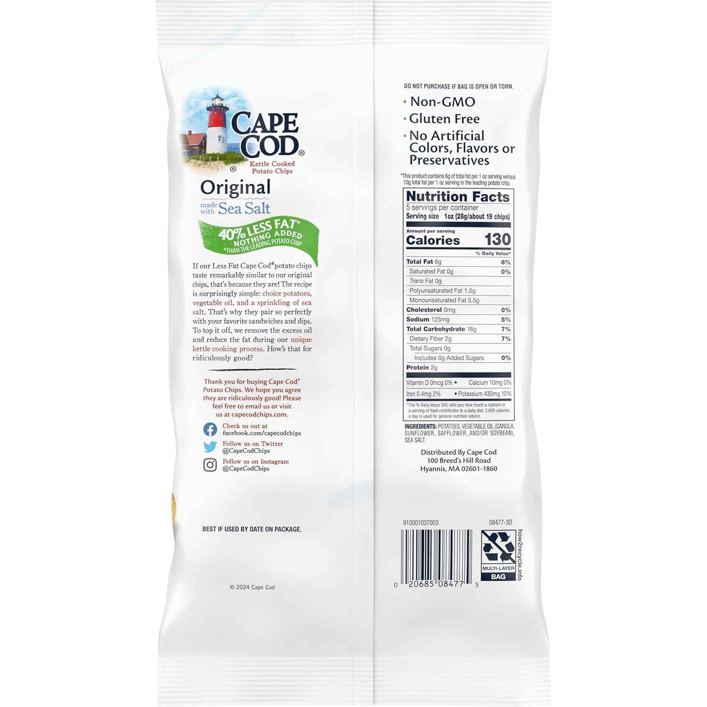 Cape Cod Potato Chips Reduced Fat – Thoughtful Better For You Snack Gift for Holidays and Birthdays