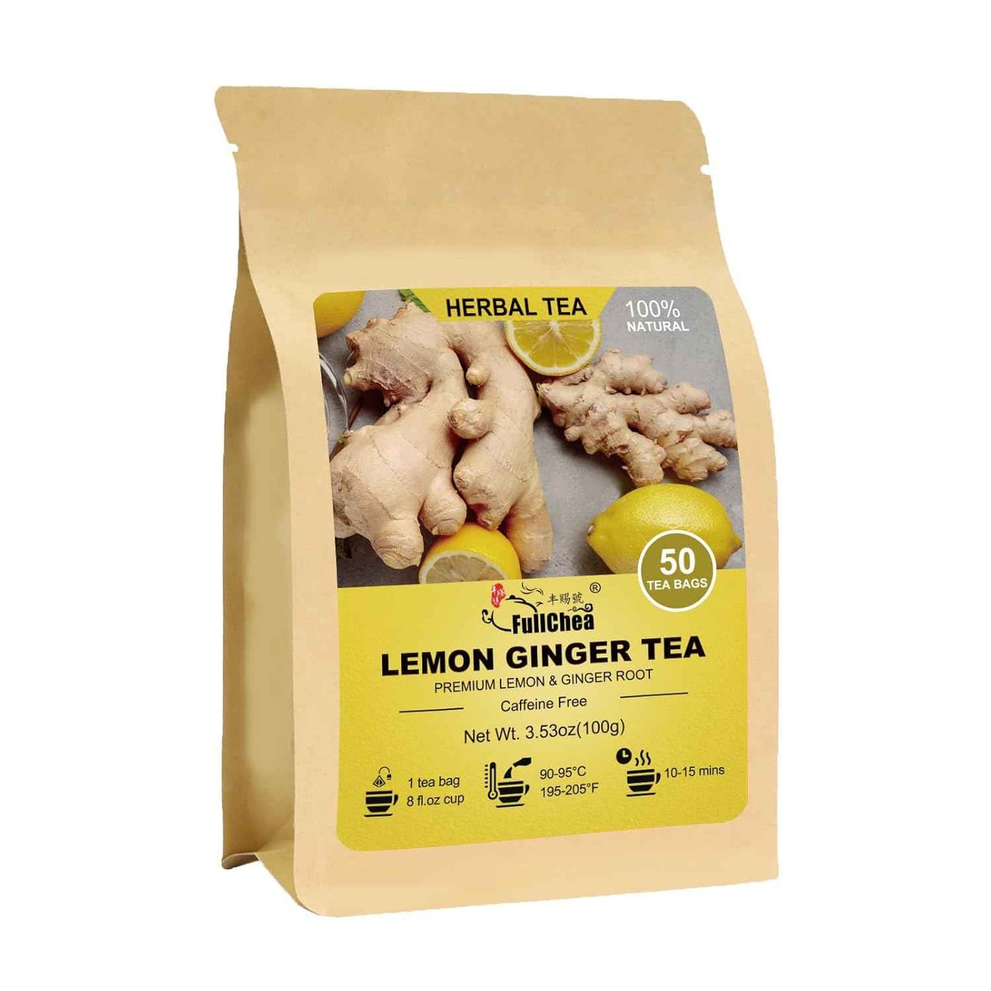 FullChea Lemon Ginger Tea Bags – Caffeine-Free Herbal Digestion Support for Evening Wind-Down Rituals