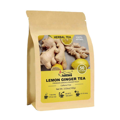 FullChea Lemon Ginger Tea Bags – Caffeine-Free Herbal Digestion Support for Evening Wind-Down Rituals