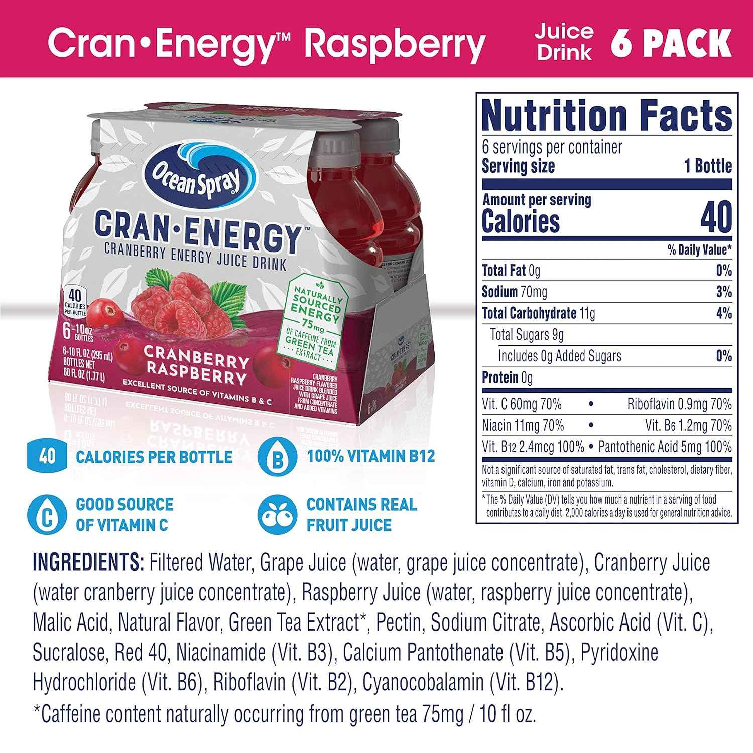 Ocean Spray Cran-Energy Cranberry Raspberry Energy Juice Drink for Home Wellness Rituals and Mindful Energy Replacement