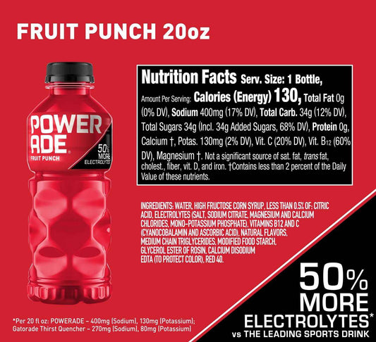 Powerade Fruit Punch – Kid-Friendly Electrolyte Drink for Lunch Boxes and Youth Sports, 20oz 8 Pack