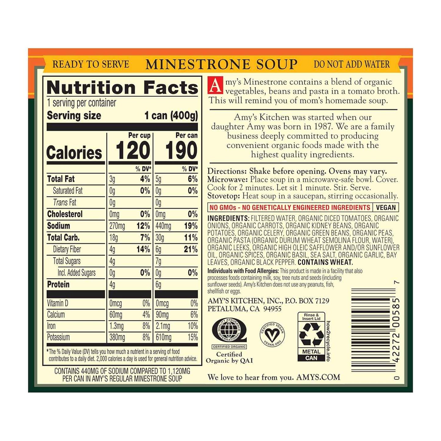 Amy's Organic Light in Sodium Minestrone Soup – Quick Office Microwave Meal for the Workday Rush, 14.1 oz