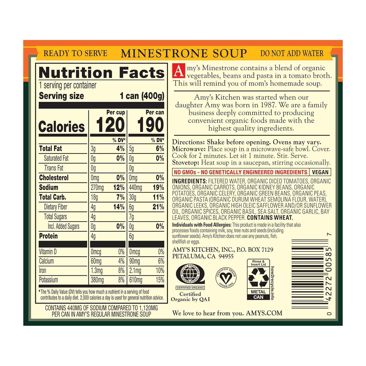 Amy's Organic Light in Sodium Minestrone Soup – Quick Office Microwave Meal for the Workday Rush, 14.1 oz