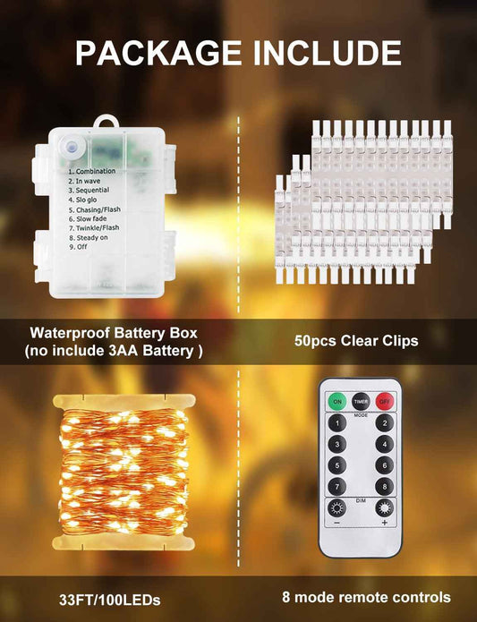 LECLSTAR Waterproof Photo String Lights – Patio and Garden Decor, 33FT Copper Wire LED Lights with 50 Clips and Remote