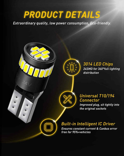 AUXITO T10 168 LED Bulbs for Safe CANbus-Ready Vehicle Conversion, 12V 2W Low-Heat White Bulbs for Interior and Exterior Socket Swap, Pack of 2