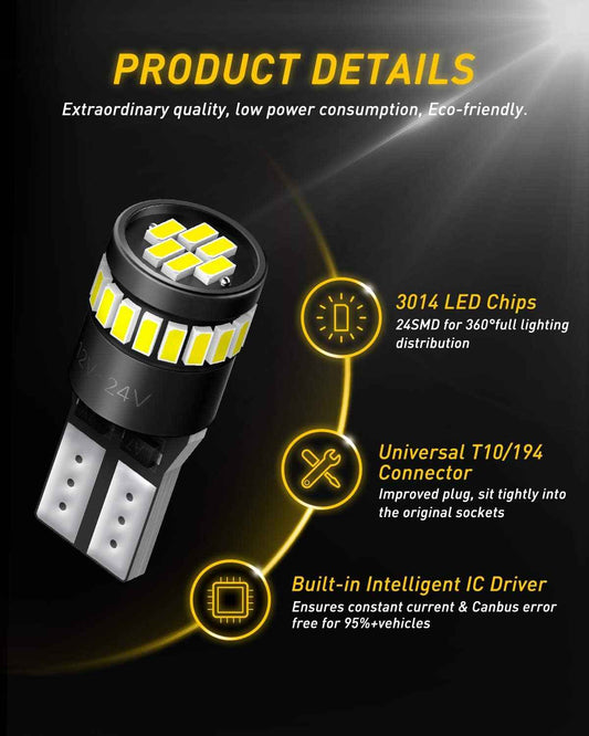 AUXITO T10 168 LED Bulbs for Safe CANbus-Ready Vehicle Conversion, 12V 2W Low-Heat White Bulbs for Interior and Exterior Socket Swap, Pack of 2