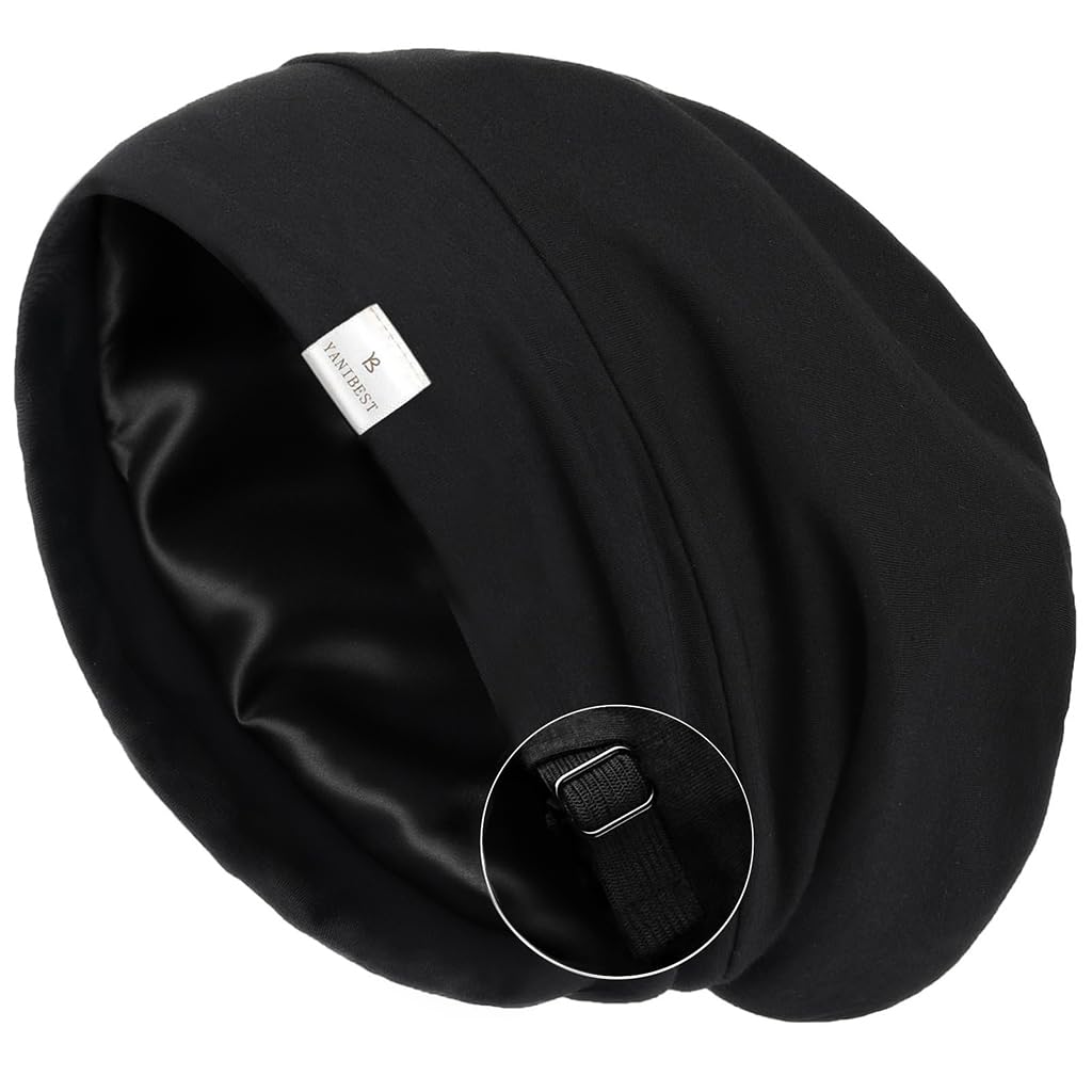 YANIBEST_Hair_Cover_Bonnet_Satin_Sleep_Cap_-_Adjustable_Stay_on_Silk_Lined_Slouchy_Beanie_for_Night_Sleeping_Surgical_Hats_Pure_Black