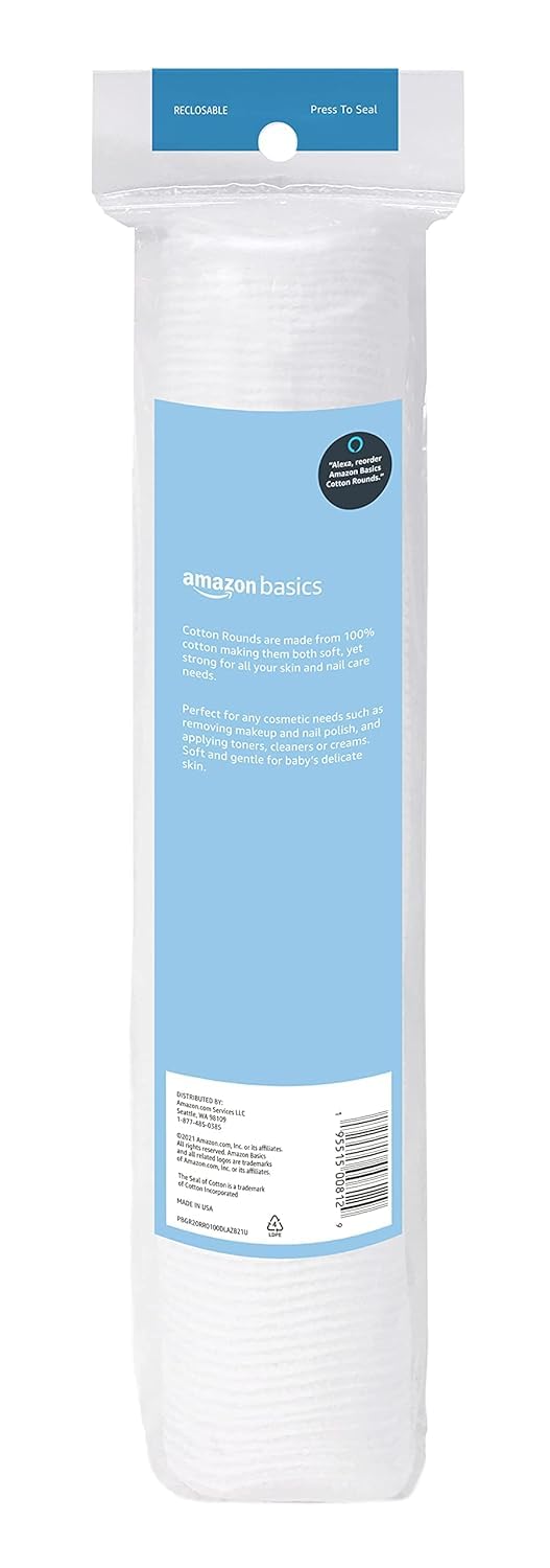 Amazon_Basics_Hypoallergenic_100%_Cotton_Rounds_for_Makeup_Remover,_Skincare,_Nail_Polish_Removal,_All_Skin_Types,_100_Count,_1_Pack