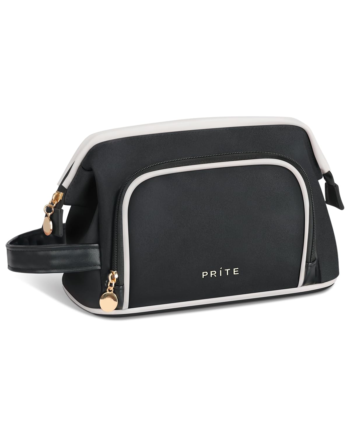 Prite Travel Makeup Bag, PU Leather Waterproof Cosmetic Organizer, Large Wide-open portable Toiletry Bag with Handle(Black)