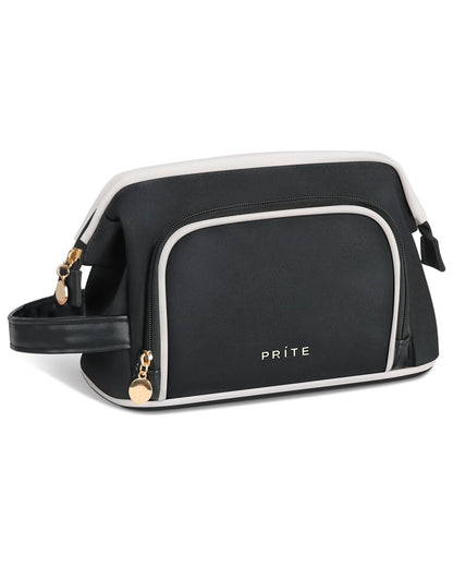 Prite Travel Makeup Bag, PU Leather Waterproof Cosmetic Organizer, Large Wide-open portable Toiletry Bag with Handle(Black)