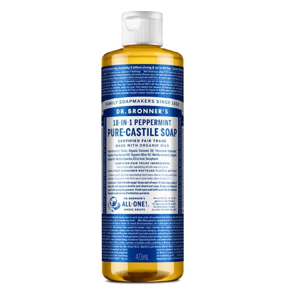Dr. Bronner&amp;#39;s - Pure-Castile Liquid Soap (Peppermint, 16 ounce) - Made with Organic Oils, 18-in-1 Uses: Face, Body, Hair, Laundry, Pets and Dishes, Concentrated, Vegan, Non-GMO