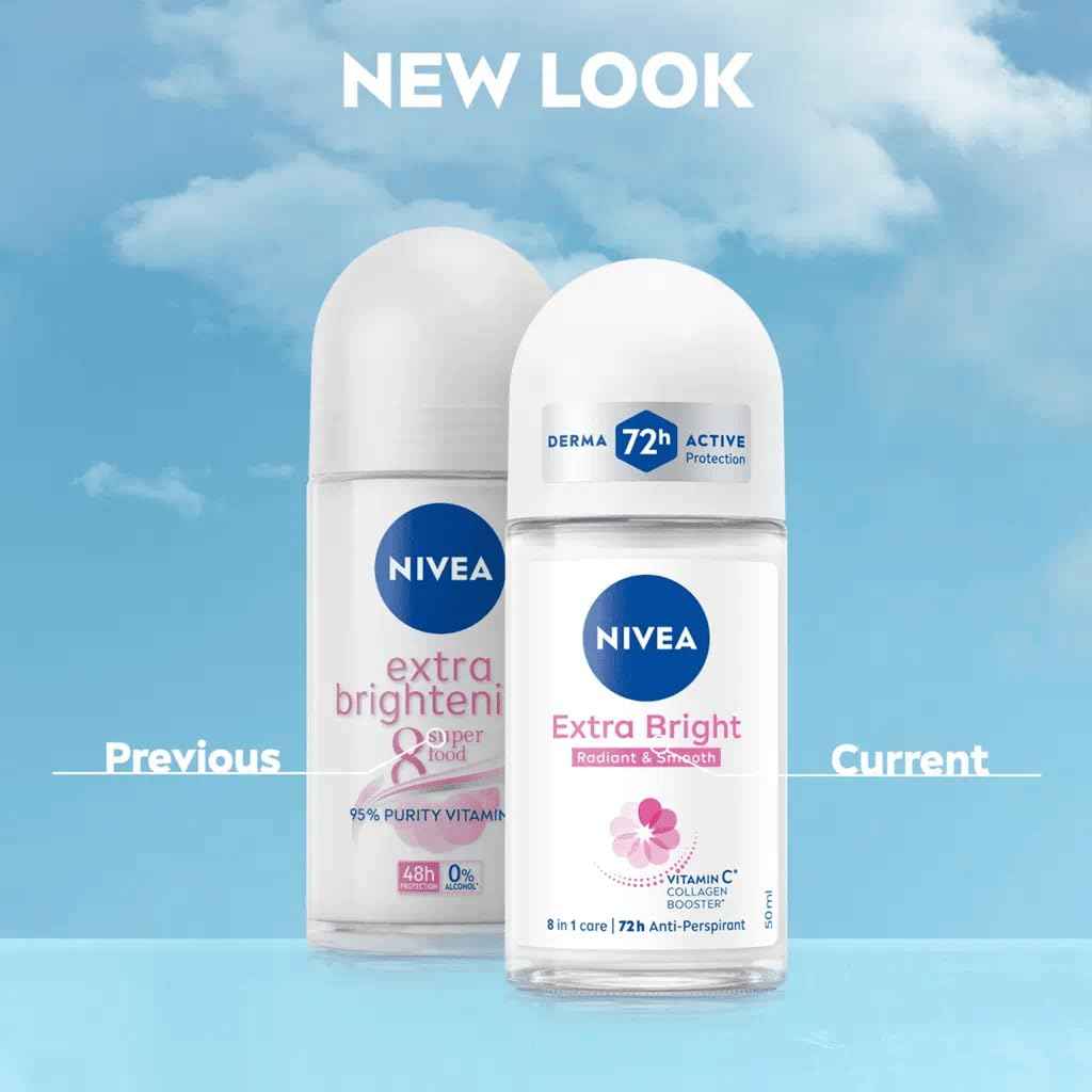 NIVEA Extra Bright 8 Super Food Vitamin C Collagen Booster Underarm Roll-On Deodorant, Alcohol-Free, 72HR Odor Protection, Smooth & Bright Skin, 50ml, 1.69oz, Pack of 3