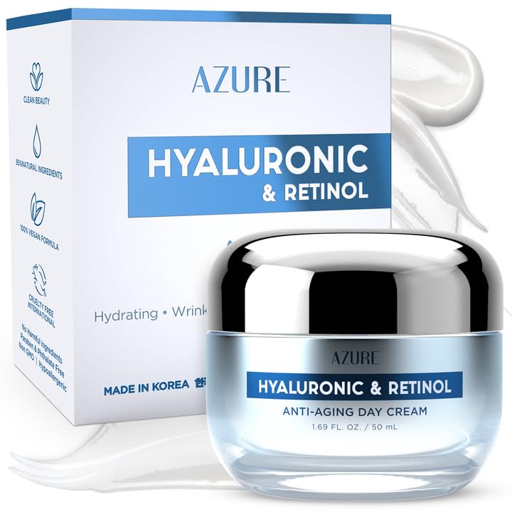 Azure Cosmetics Hyaluronic Acid Moisturizer Face Cream - Dermatologist Tested, Anti-Aging Retinol Cream for Dark Spots, Fine Lines &amp;amp; Wrinkles - Clean Beauty, Korean Skincare - All Skin Type - 1.69 oz