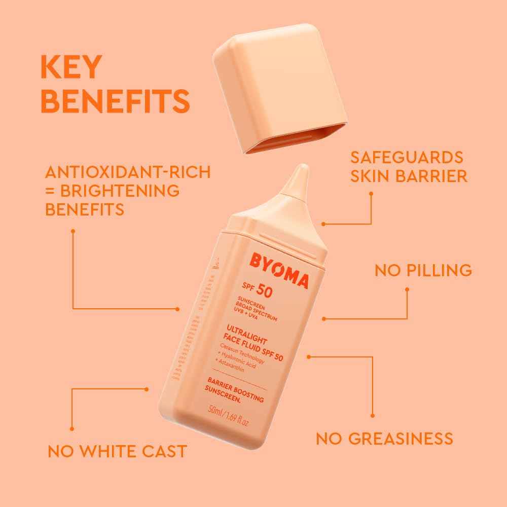 BYOMA SPF 50 Face Fluid - Ultra-Lightweight Facial Sunscreen for All Skin Tones - Luminous Glow, No White Cast - SPF Moisturizer Strengthens Skin Barrier - 1.69 fl.oz