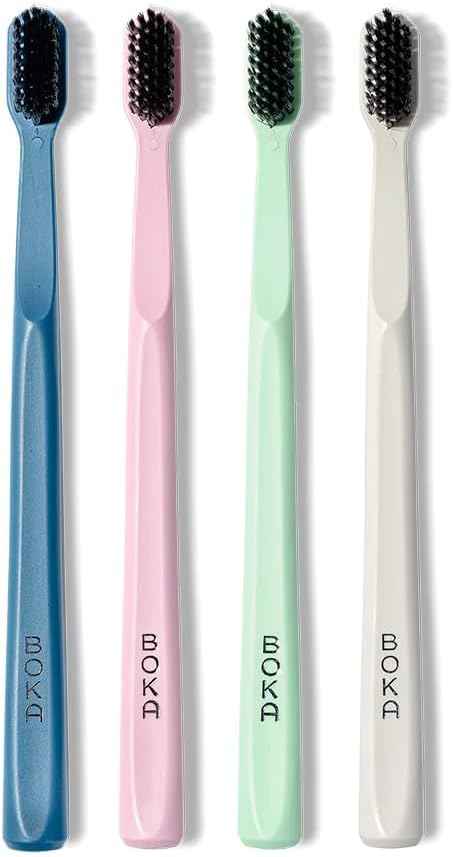 Boka Classic Manual Toothbrush with Extra Soft Activated-Charcoal, Tapered Bristles, Bioplastic Handle that Includes Travel Cap, Dentist-Approved, Great for Adults and Kids