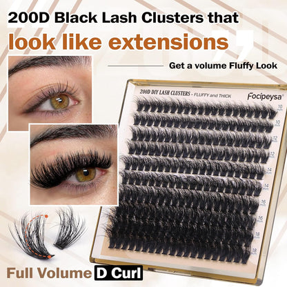 Focipeysa_Lash_Extension_Kit_Thick_Eyelash_Extension_Kit_10-18mm_Fluffy_Lash_Clusters_200D_Individual_Eyelashes_Kit_with_Lash_Bond,_Lash_Remover,_Lash_Applicator,_DIY_Lashes_Extension_Makeup_Cosmetic_Eyelashes_Extensions