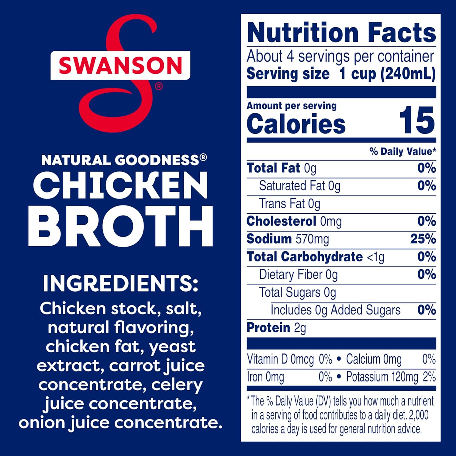 570 mg sodium per serving — 33% less than regular swanson chicken broth