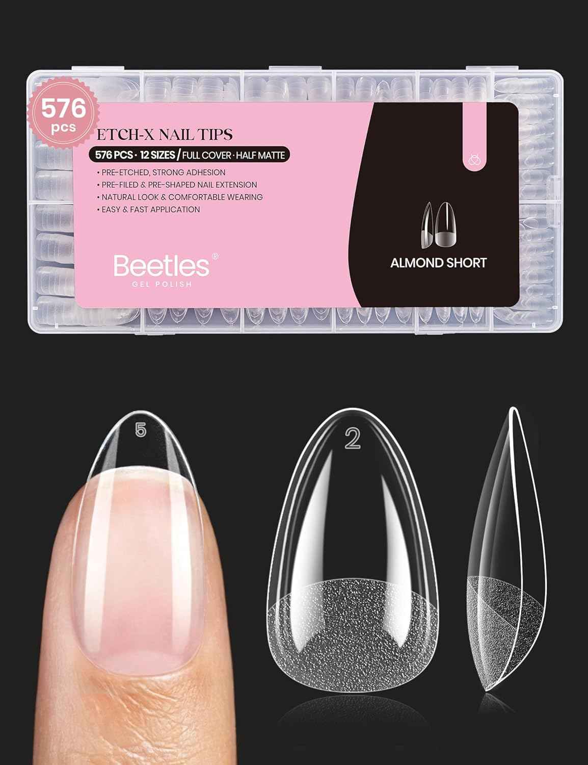 Beetles Gel Nail Tips 576Pcs Pre-shape Short Almond Etch-X Nail Tips – High-End Nail Enhancement Collection, Crafted Etch-X PMMA Tips for Refined At-Home Results