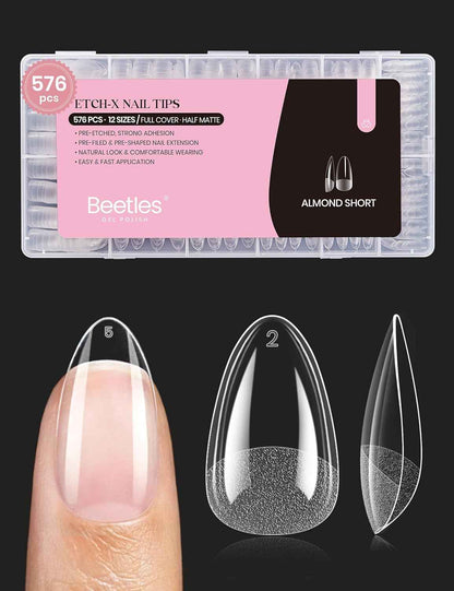 Beetles Gel Nail Tips 576Pcs Pre-shape Short Almond Etch-X Nail Tips – High-End Nail Enhancement Collection, Crafted Etch-X PMMA Tips for Refined At-Home Results