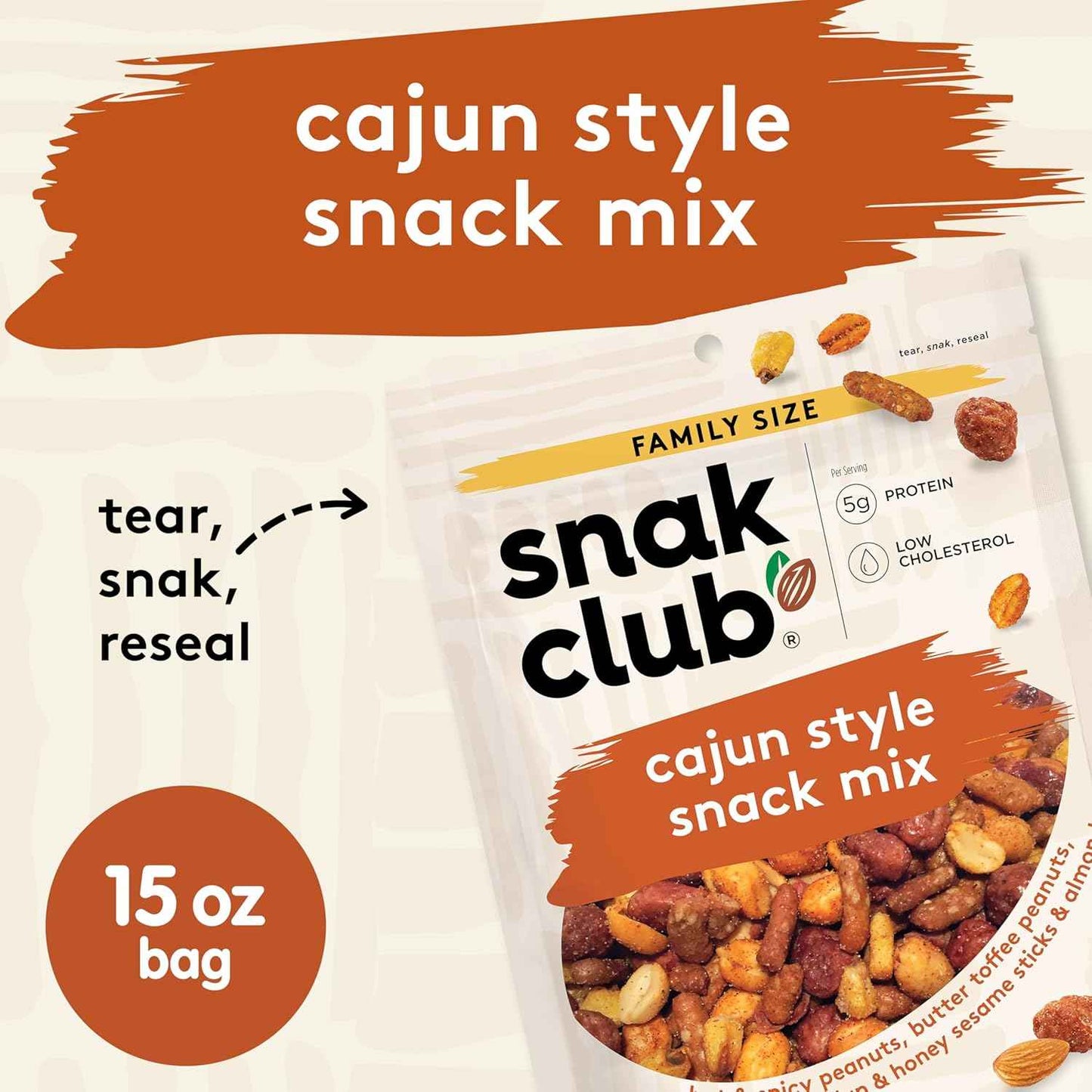 Snak Club Cajun Snack Mix – Office Desk Protein Snack for Focused Workdays and Mid Afternoon Energy, 15 oz Resealable Pouch