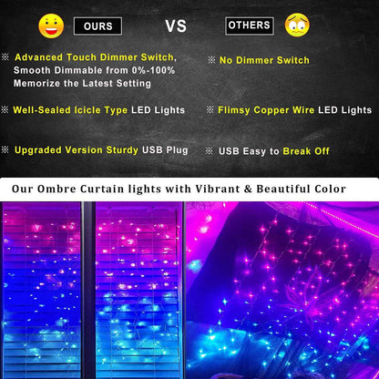 Glowave Ombre Fairy Curtain Lights – Aesthetic Bedroom & Dorm Room Decor, Dimmable LED Window Curtain with 192 Bulbs