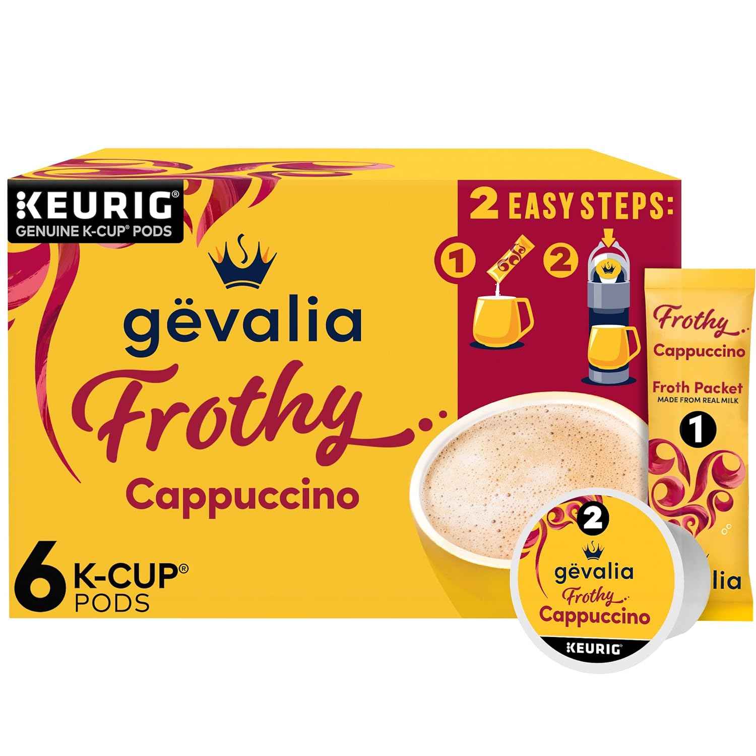 Gevalia Frothy Cappuccino K-Cup Kit – 2-Step Espresso Style Pods for Home Office Focus Sessions