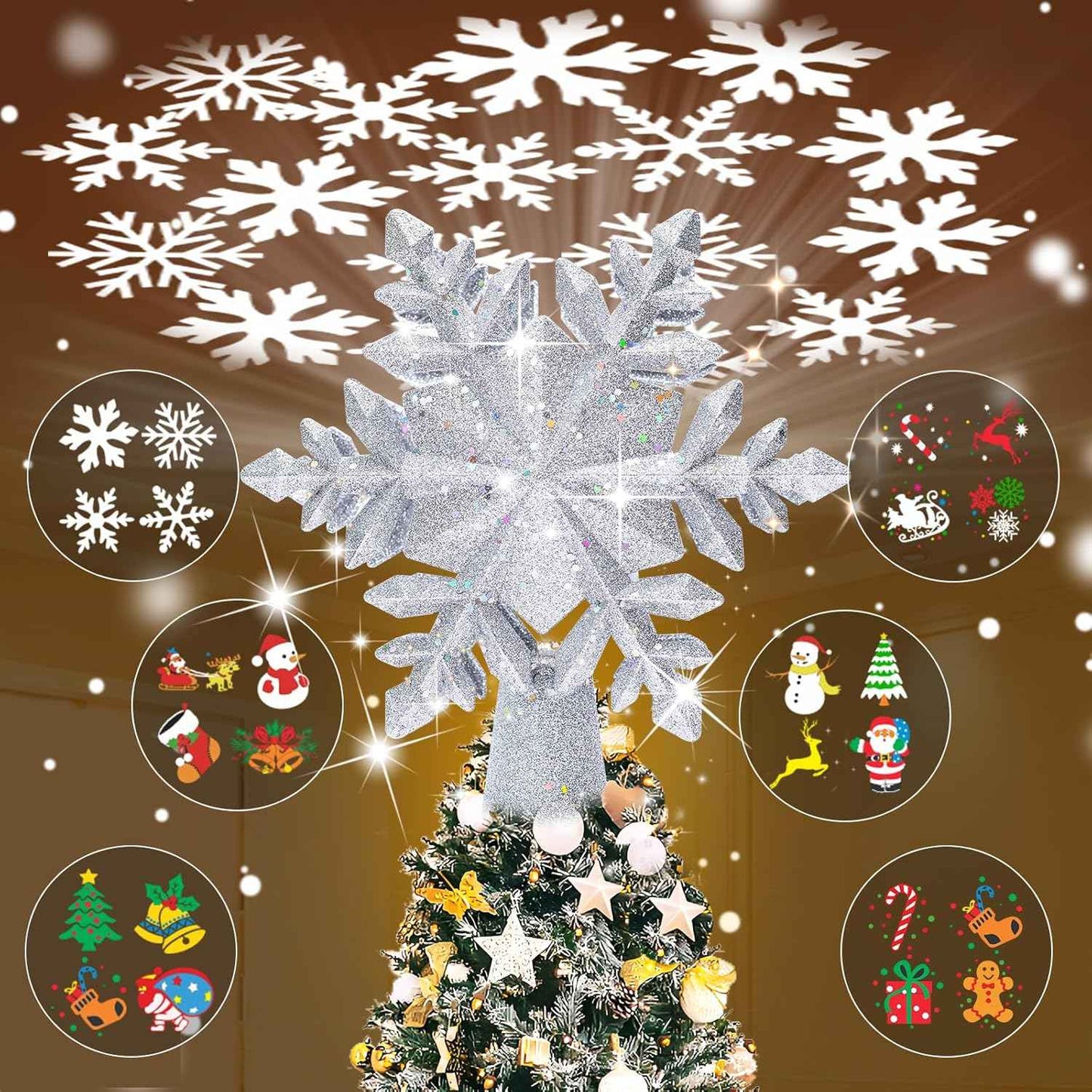 HOLIDAY MAGIC Snowflake Tree Topper with Rotating Projection – Child-Friendly Christmas Eve Magic for Kids Bedroom