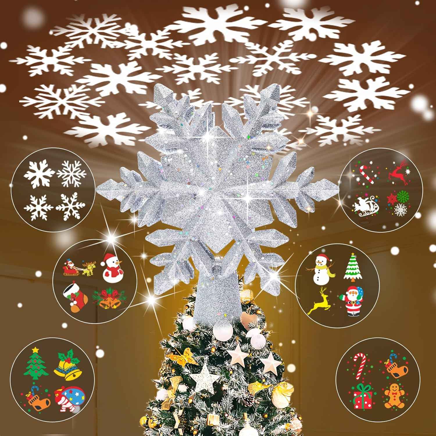 HOLIDAY MAGIC Snowflake Tree Topper with Rotating Projection – Child-Friendly Christmas Eve Magic for Kids Bedroom