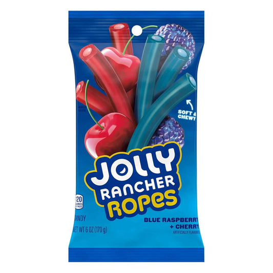 JOLLY RANCHER Ropes Blue Raspberry and Cherry Flavored Candy Bag for Kids Lunchboxes, 6 oz Chewy Treat