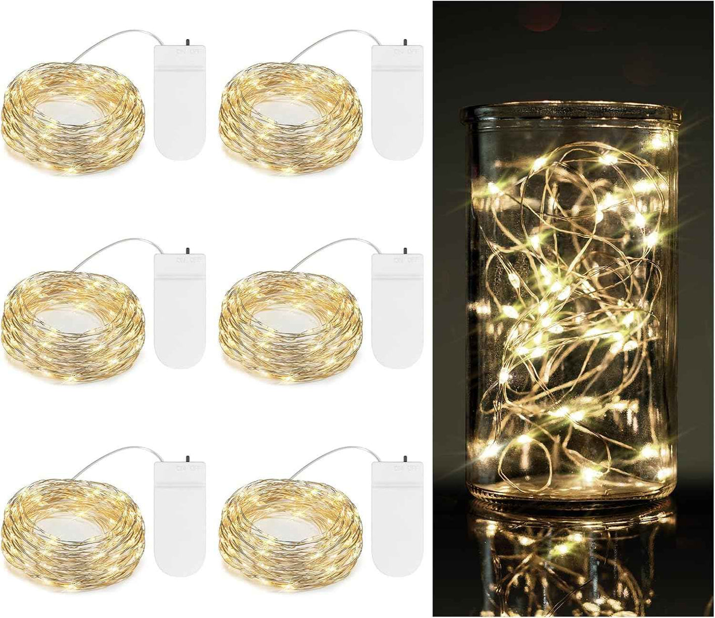TingMiao Waterproof Fairy Lights – Patio String Lighting, 6 Pack 7.2 ft Battery Operated Copper Wire