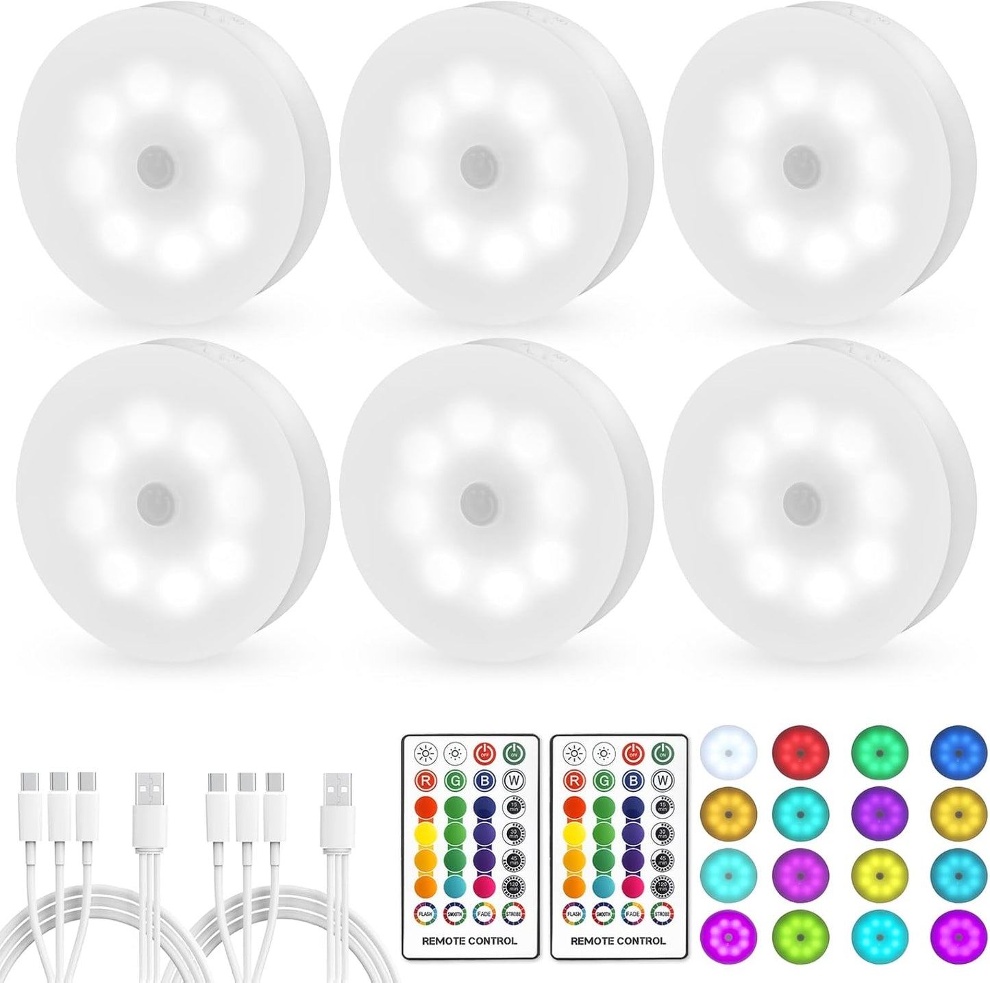 6-pack rechargeable led puck lights with 3w output at 5v