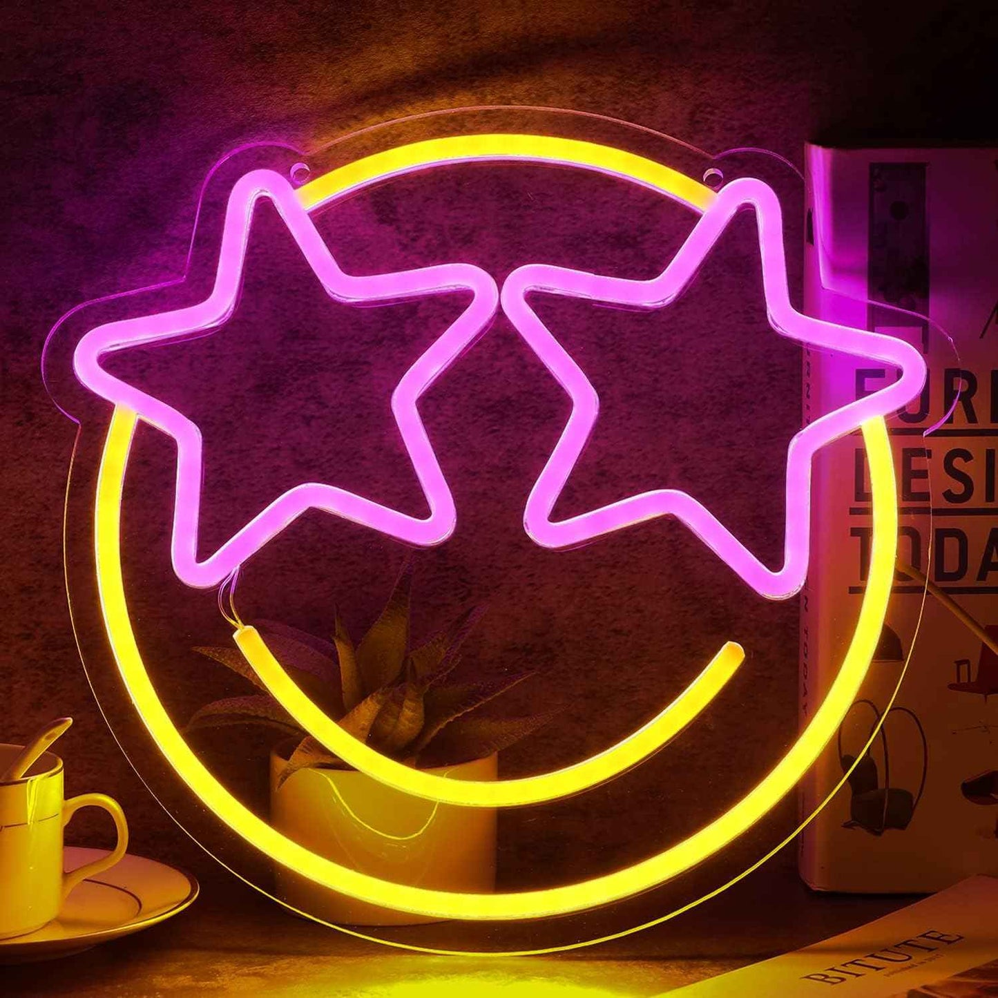 Wootfairy Smile Face Neon Sign – Child Safe LED Wall Light for Kids Room and Playroom, No Heat Dimmable Pink Yellow Decor