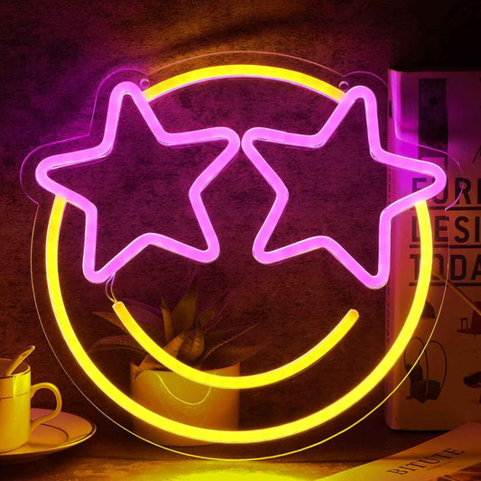 Wootfairy Smile Face Neon Sign – Child Safe LED Wall Light for Kids Room and Playroom, No Heat Dimmable Pink Yellow Decor