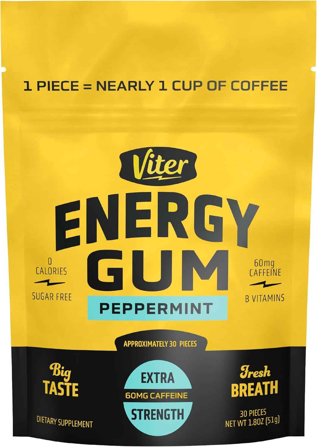 Viter Energy Caffeine Peppermint Chews – Steady Pre-Workout Focus for Meetings and Home Office, Zero Calorie