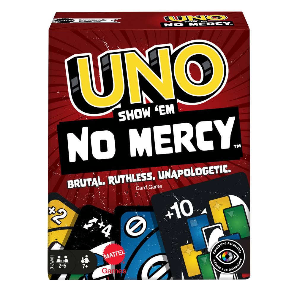 Mattel Games UNO Show ‘em No Mercy Card Game for Kids, Adults &amp;amp; Family Parties &amp;amp; Travel with Extra Cards, Special Rules &amp;amp; Tougher Penalties