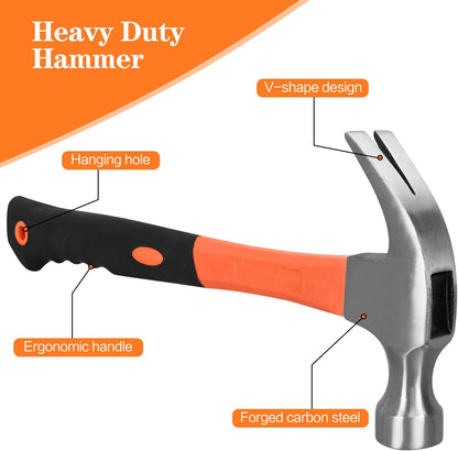 8/16/24oz_Straight_Rip_Fiberglass_General_Purpose_Claw_Hammer,_with_Smooth_Face_&_Non-slip_Grip