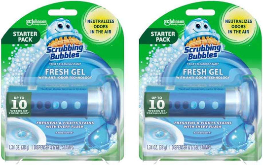 Scrubbing Bubbles Fresh Gel Toilet Bowl Cleaning Stamps, Helps Keep Toilet Clean and Helps Prevent Limescale & Rings, Rainshower Scent, 1 Dispenser with 6 Fresh Gel Stamps (Pack of 2)