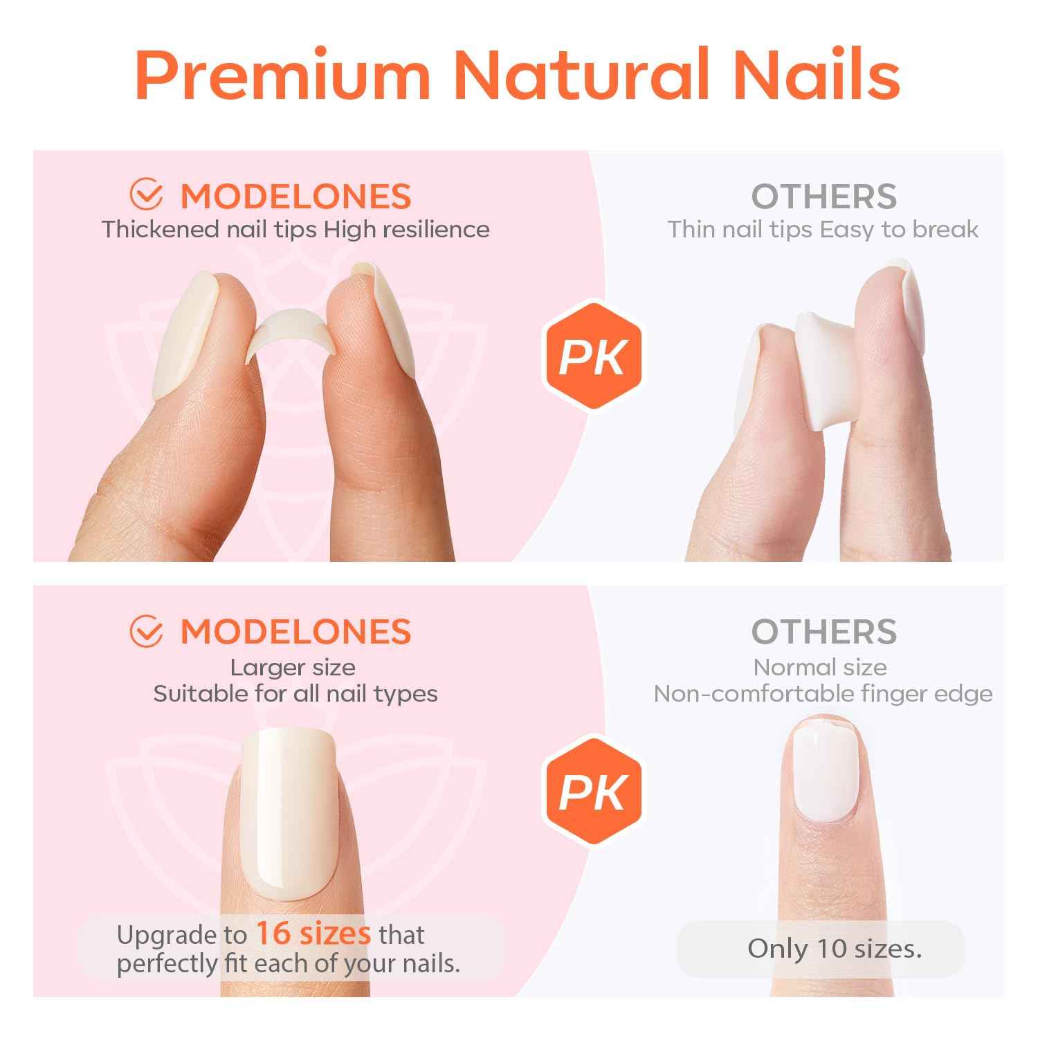 Modelones  Press on Nails Almond, Summer Short Fake Nails, Reusable Nail Kit with Nail Glue Adhesive Tabs Mini Nail File, Nails Press Ons 32Pcs 16 Sizes, Women Girl Gift