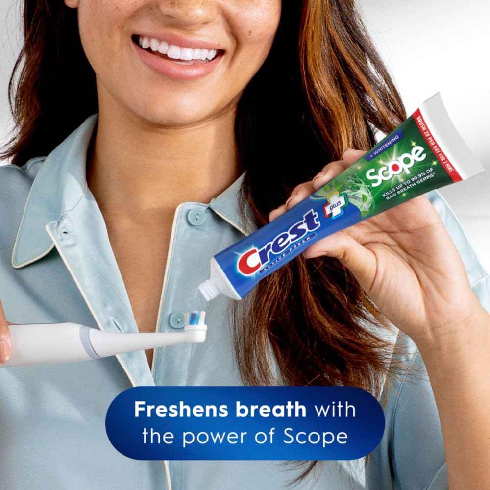 Crest + Scope, Active Fresh, Teeth Whitening Toothpaste for adults, 5.5oz, Bad Breath Treatment, Breath Freshner, for Sensitive Teeth, Deep Stain remover, Travel Size Toiletries