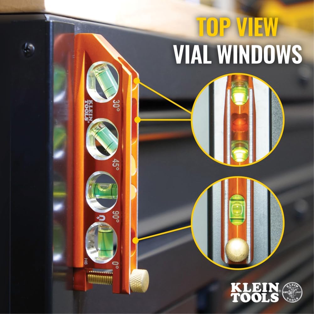 Klein_Tools_935AB4V_Level,_6-Inch_Magnetic_Torpedo_and_Conduit_Level_with_0/30/45/90_Degree_Vials,_V-Groove_and_Magnet_Track,_High_Visibility_Orange