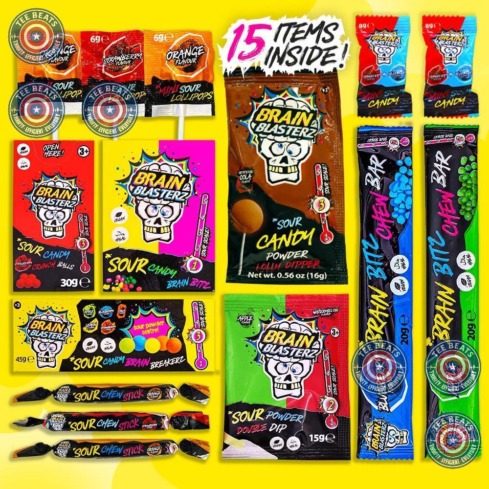 Brain_Blasterz_TREAT_Sour_Candy_Variety_Pack,_Vegan_Candy,_Chew_Bar,_Halal_Gift_Box_w/_15_pcs_(13oz),_Unique_Lollipop,_Powder,_Taffy,_Halloween