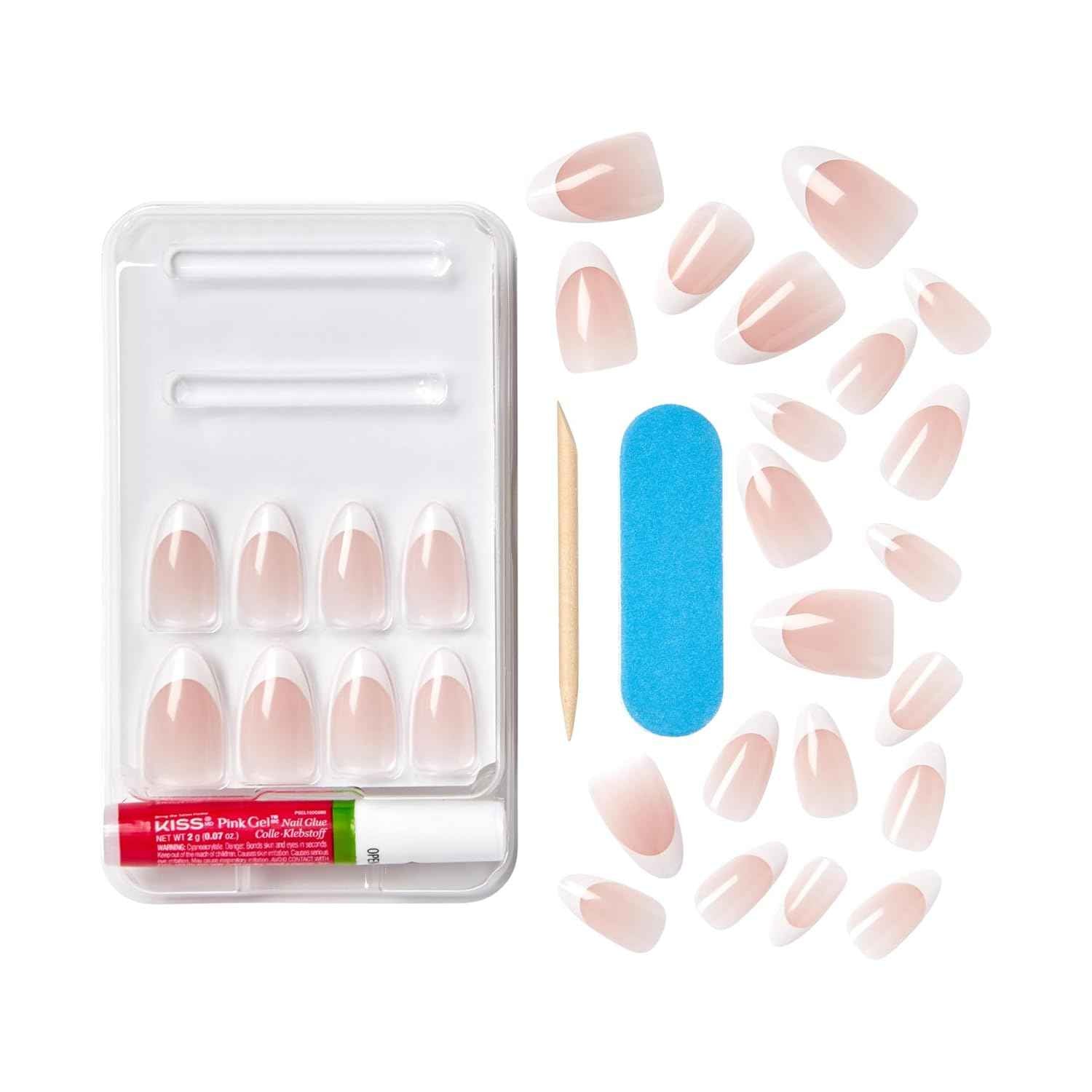 KISS Classy, Press On Nails, Nail glue included, White, Medium Size, Almond Shape, Includes 28 Nails, 2g glue, 1 Manicure Stick, 1 Mini File